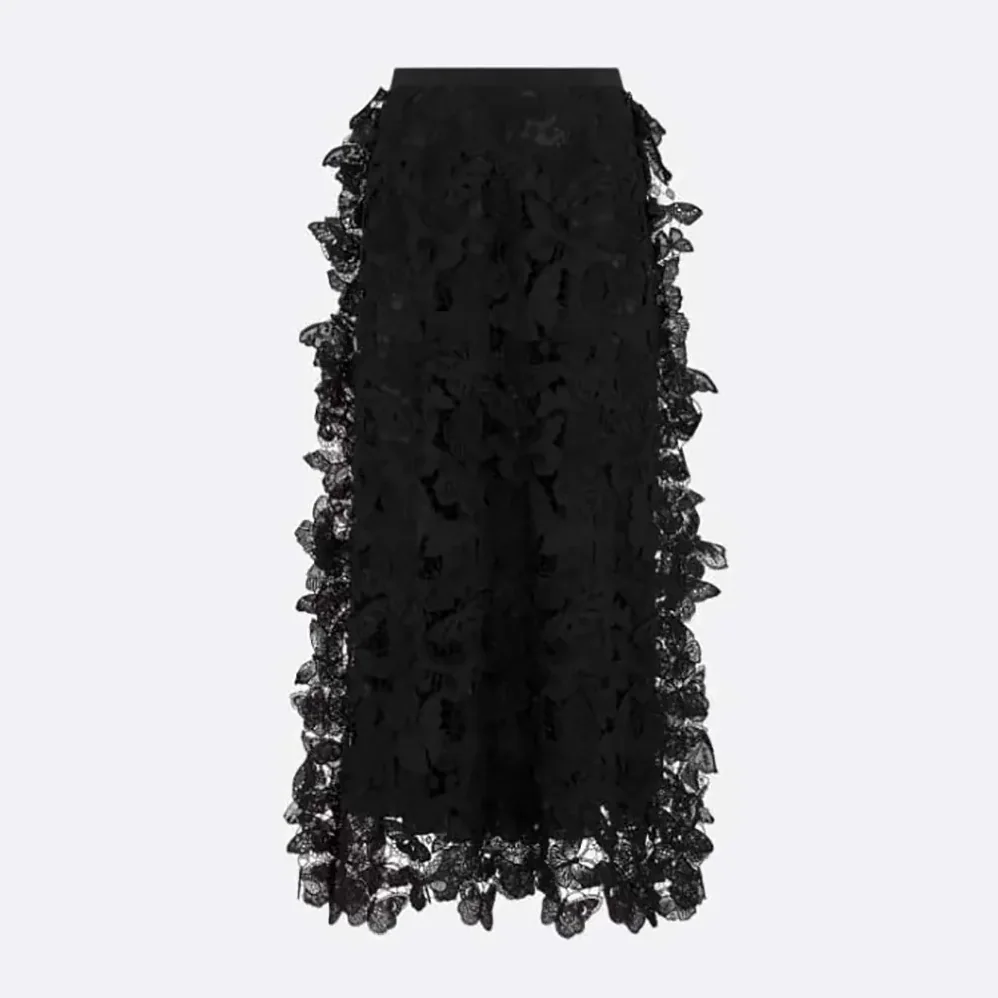 Dior Mid-Length Skirt Black Cotton-Blend Lace with Allover Butterfly Motif for Women