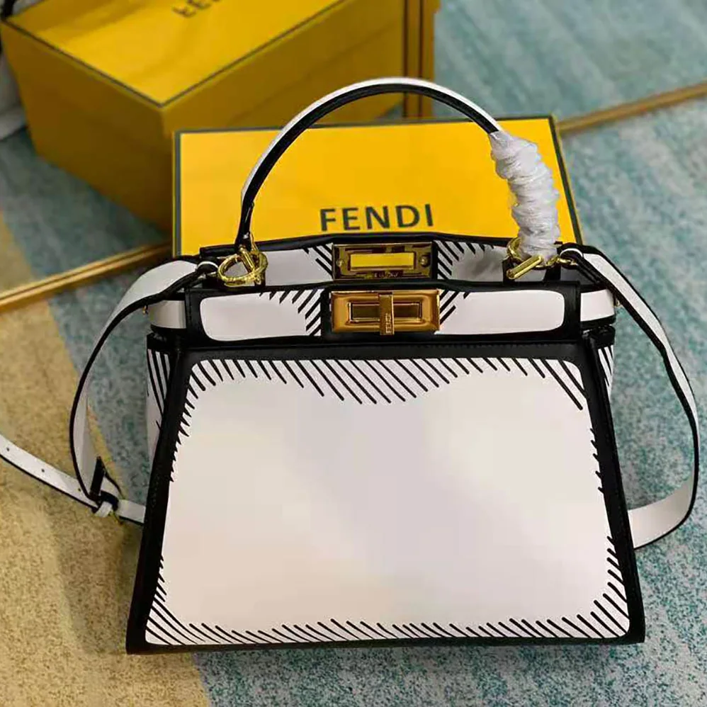 Fendi Peekaboo Iconic Medium White Leather FF Print Bag for Women Fendi Peekaboo Iconic Medium White Leather FF Print Bag for Women