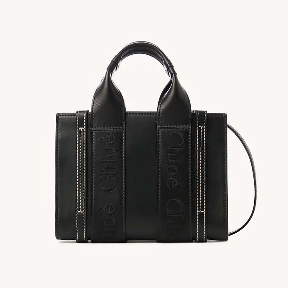 Chloe Mini Woody Tote Bag with Embroidered Chloé Logo for Women in Black Chloe Mini Woody Tote Bag with Embroidered Chloé Logo for Women in Black