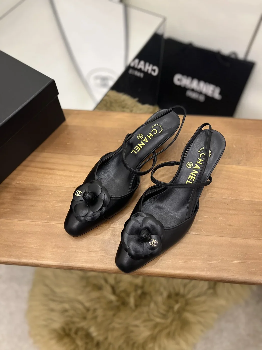 Chanel Camellia Flower Slingback Black for Women