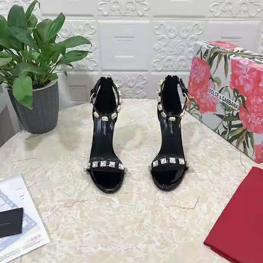 Dolce Gabbana D&G Polished Calfskin Sandals with Rhinestones for Women Dolce Gabbana D&G Polished Calfskin Sandals with Rhinestones for Women