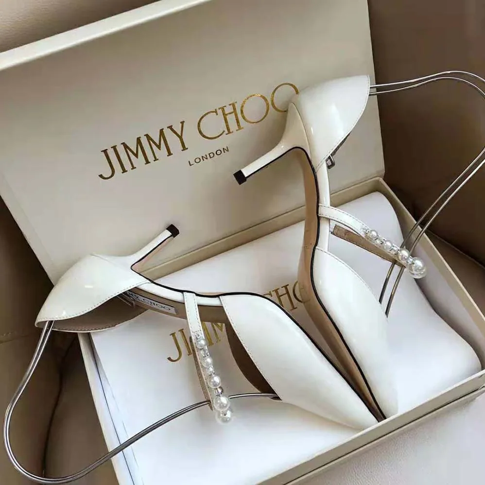 Jimmy Choo Aurelie 85 Latte Patent Leather Pointed Pumps with Pearl Embellishment for Women Jimmy Choo Aurelie 85 Latte Patent Leather Pointed Pumps with Pearl Embellishment for Women