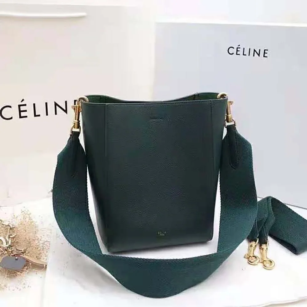 Celine Sangle Small Bucket Bag in Soft Grained Calfskin for Women in Green Celine Sangle Small Bucket Bag in Soft Grained Calfskin for Women in Green