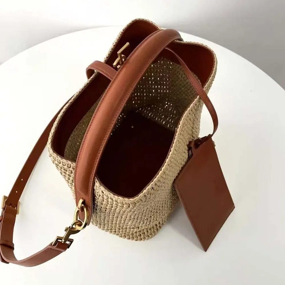 Saint Laurent YSL Le 37 Leather for Women in trimmed Raffia Bucket Bag Saint Laurent YSL Le 37 Leather for Women in trimmed Raffia Bucket Bag