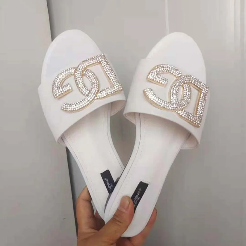Dolce Gabbana D&G Calfskin Slides with DG Logo for Women in White