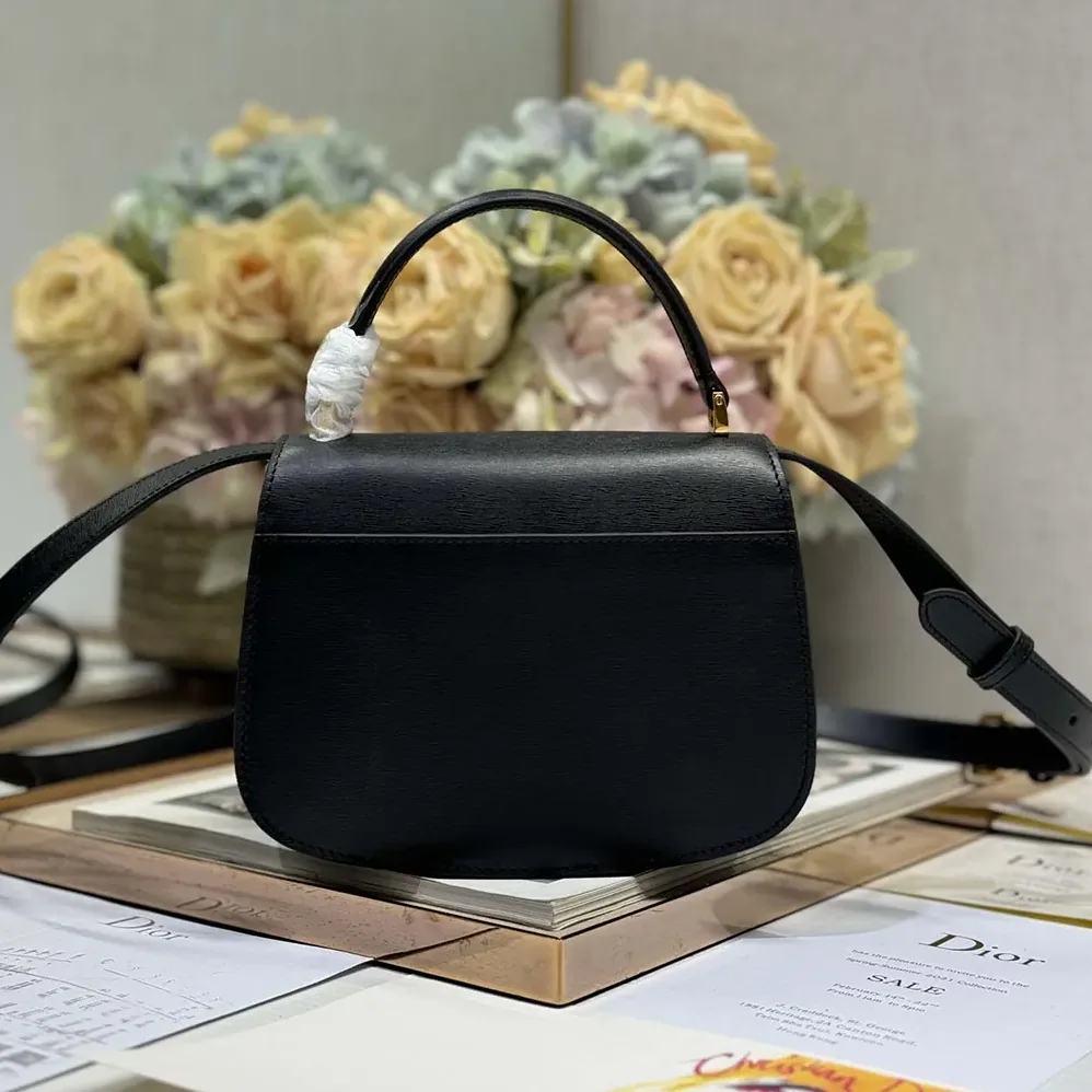 Dior Medium 30 Montaigne Avenue Top Handle Bag Black Ribbed Calfskin for Women