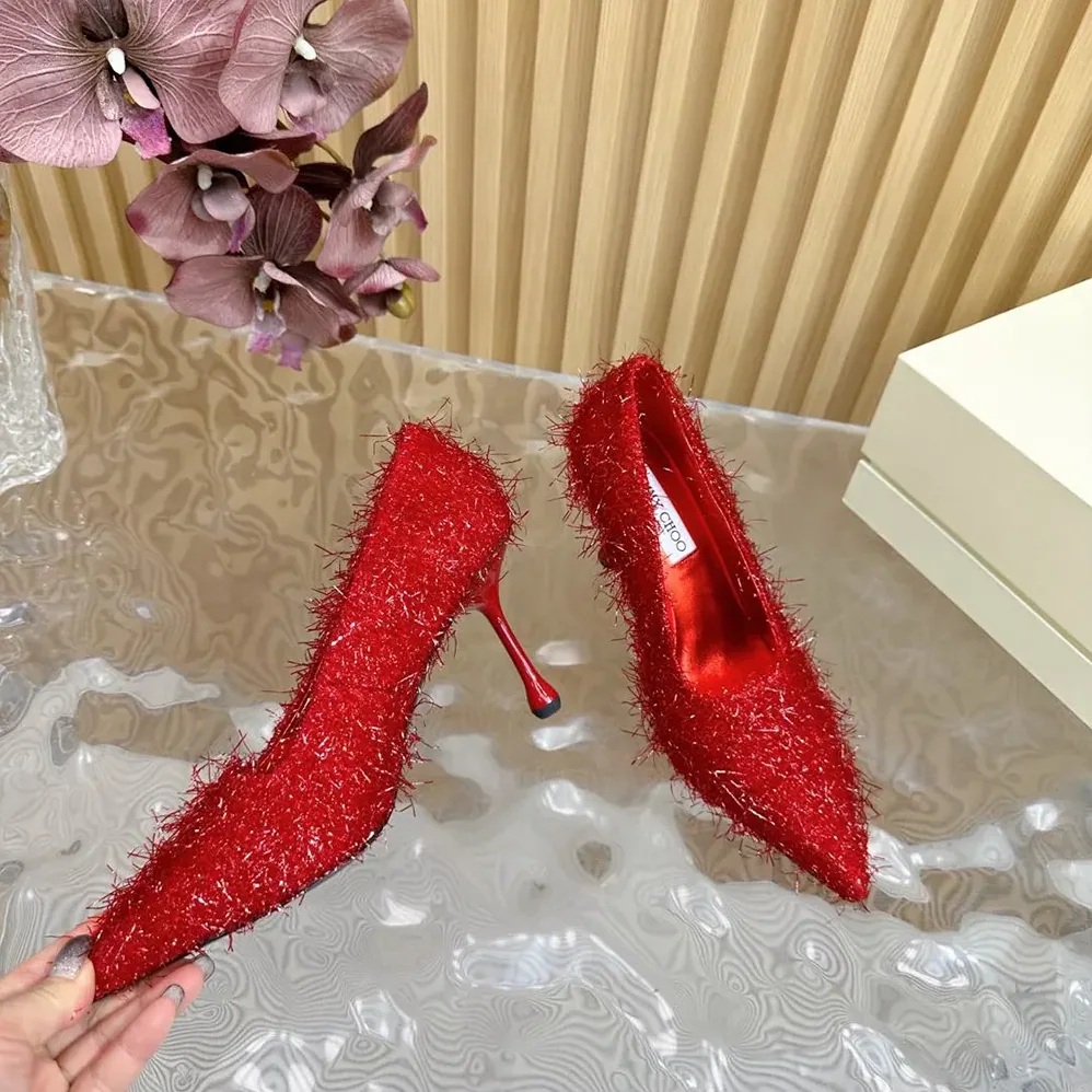 Jimmy Choo Ixia 95 Ruby Red Tinsel Pumps for Women Jimmy Choo Ixia 95 Ruby Red Tinsel Pumps for Women