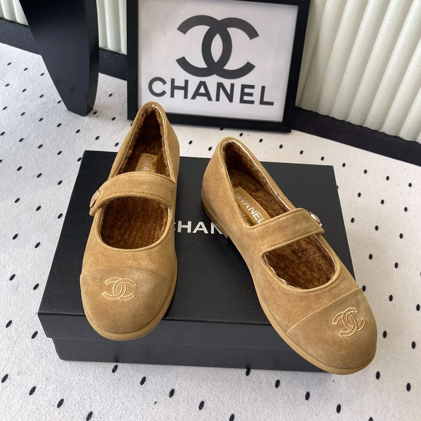 Chanel Mary Jane Flats Tan Suede Shearling