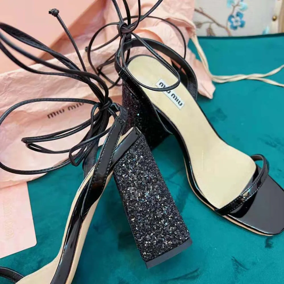 Miu Miu Patent Leather and Glitter Sandals in 100mm Heel Height for Women in Black Miu Miu Patent Leather and Glitter Sandals in 100mm Heel Height for Women in Black