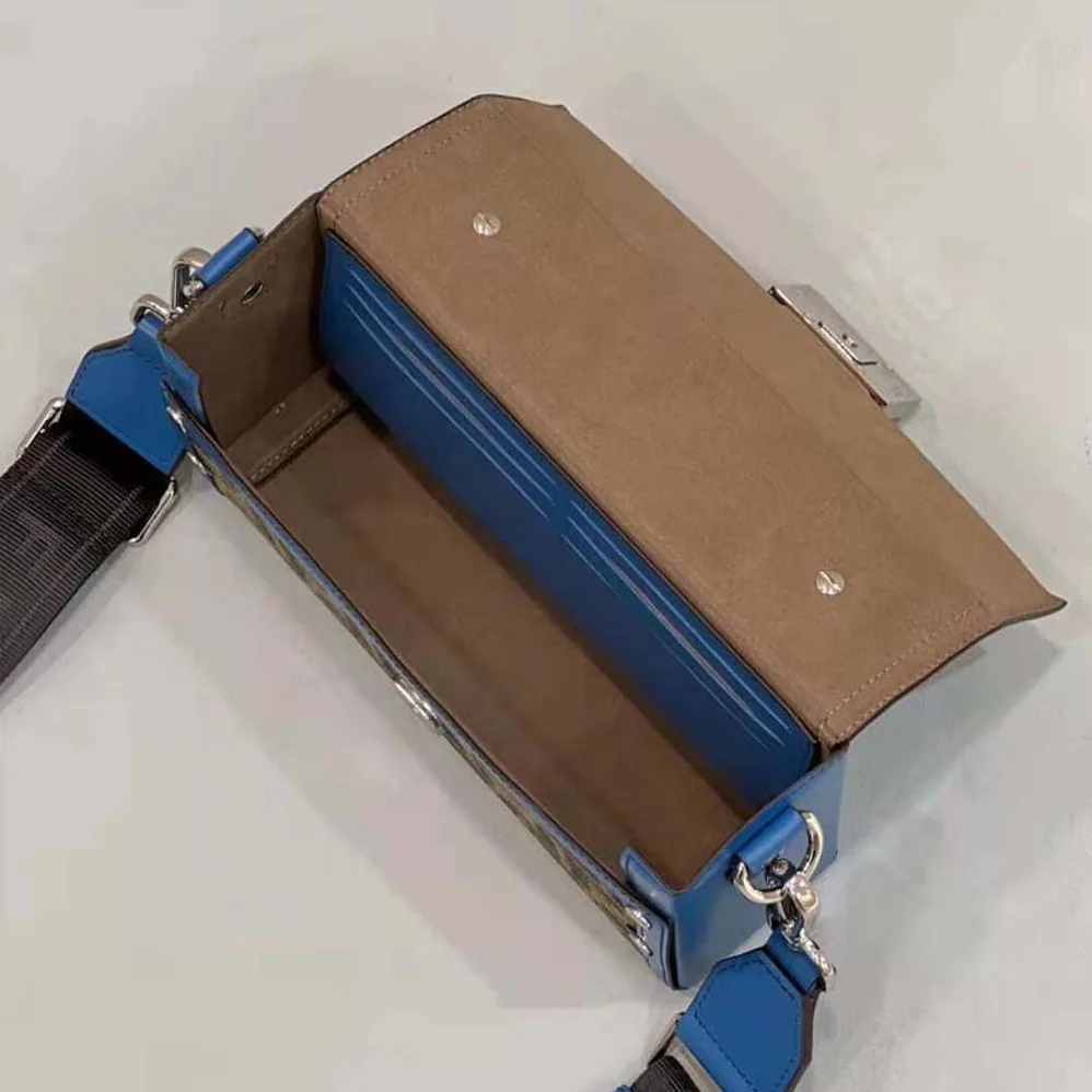 Fendi Soft Trunk Baguette Blue Leather and FF Fabric Bag for Men Fendi Soft Trunk Baguette Blue Leather and FF Fabric Bag for Men
