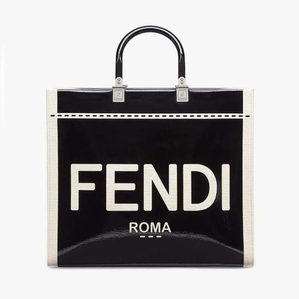Fendi Sunshine Medium Canvas and Black Patent Leather Shopper Bag for Women Fendi Sunshine Medium Canvas and Black Patent Leather Shopper Bag for Women
