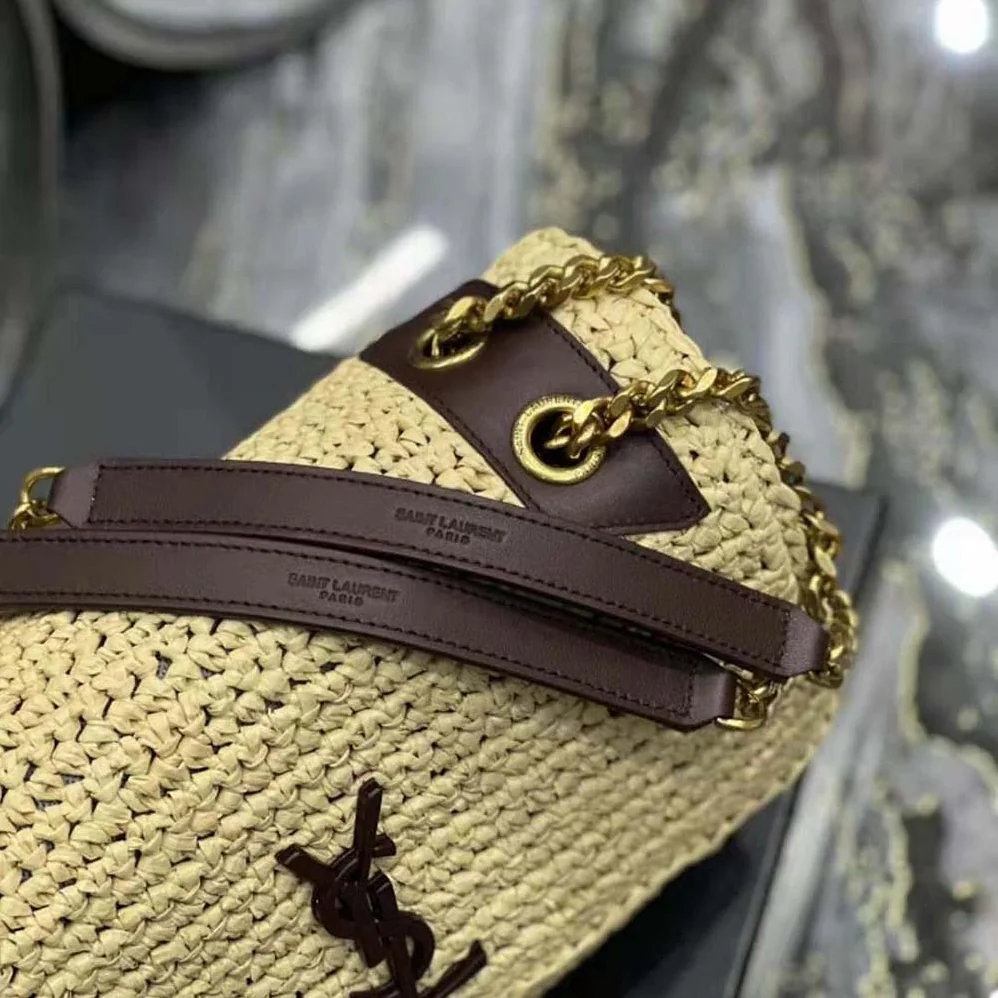 Saint Laurent YSL Niki Medium Chain Bag in Raffia and Leather for Women in Brown