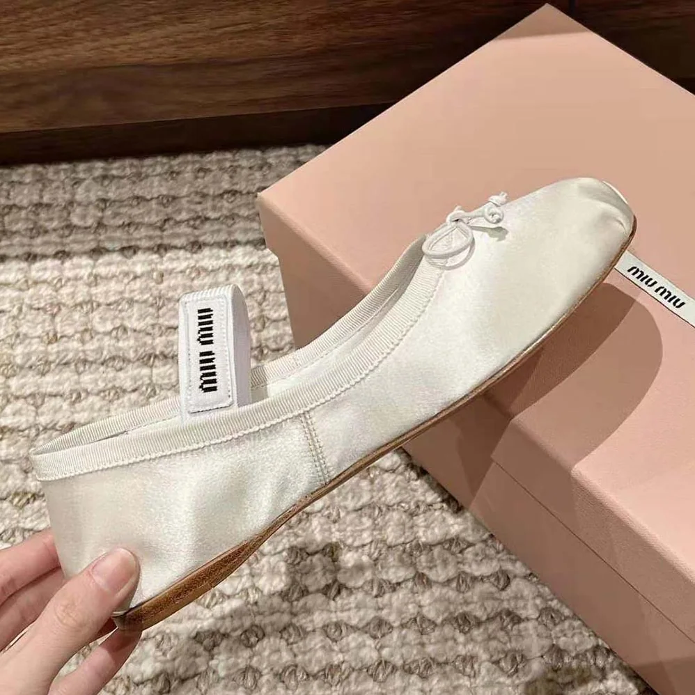 Miu Miu Satin Ballerinas with Knit Logo Label for Women in White