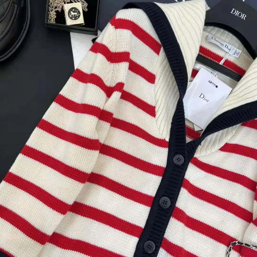 Dior Mariniere Cardigan Red and Ecru D-Stripes Ribbed Wool and Cashmere Knit for Women