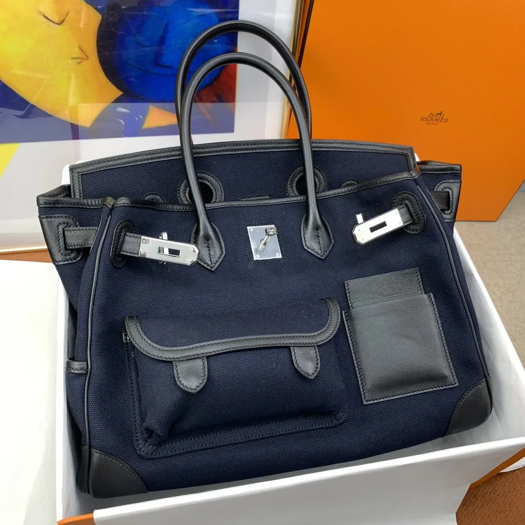 Hermes Birkin Cargo 35 Top Handle Bag in Navy Blue Silver Hardware Hermes Birkin Cargo 35 Top Handle Bag in Navy Blue Silver Hardware