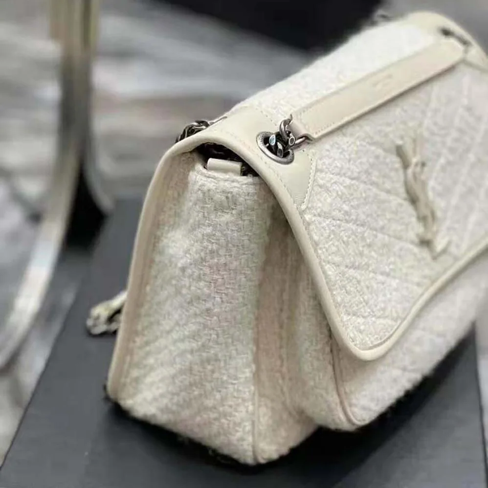 Saint Laurent YSL Niki Medium in Boucle Tweed and Smooth Leather for Women in White