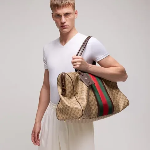 Gucci GG Medium In Web Duffle Bag / Sand/ Dark Brown Gold Hardware Gucci GG Medium In Web Duffle Bag / Sand/ Dark Brown Gold Hardware