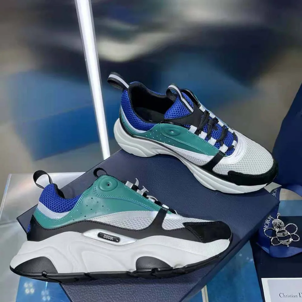 Dior B22 Sneaker White and Blue Technical Mesh with Deep Green and Black Smooth Calfskin for Men