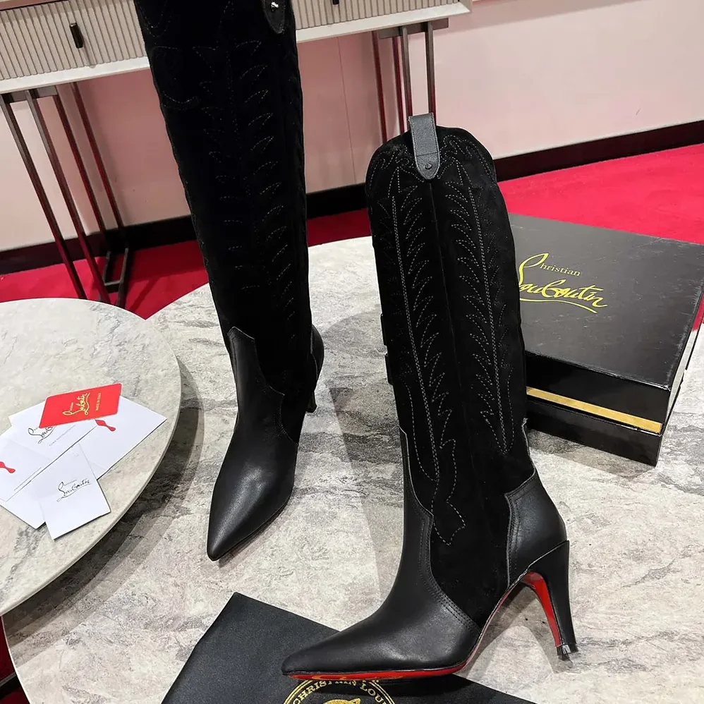 Christian Louboutin Santia Botta 85 mm Boots Calf leather and Veau Velours for Women in Black Christian Louboutin Santia Botta 85 mm Boots Calf leather and Veau Velours for Women in Black
