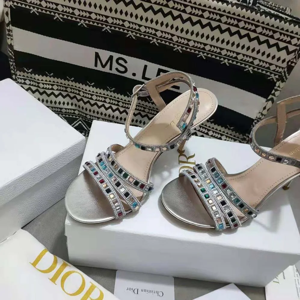 Dior Gem Heeled Sandal Silver for Women in Tone Cotton Embroidered Dior Gem Heeled Sandal Silver for Women in Tone Cotton Embroidered