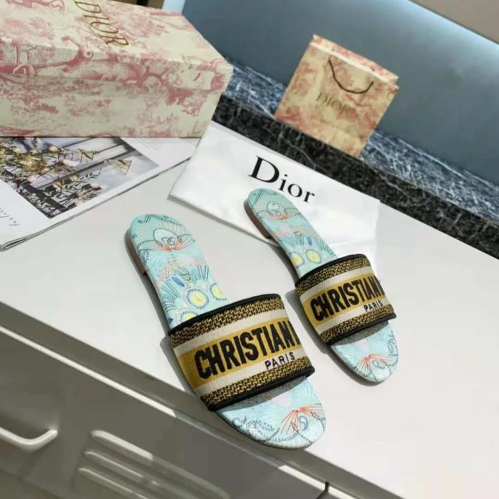 Dior Dway Slide Multicolor Embroidered Cotton for Women in Blue