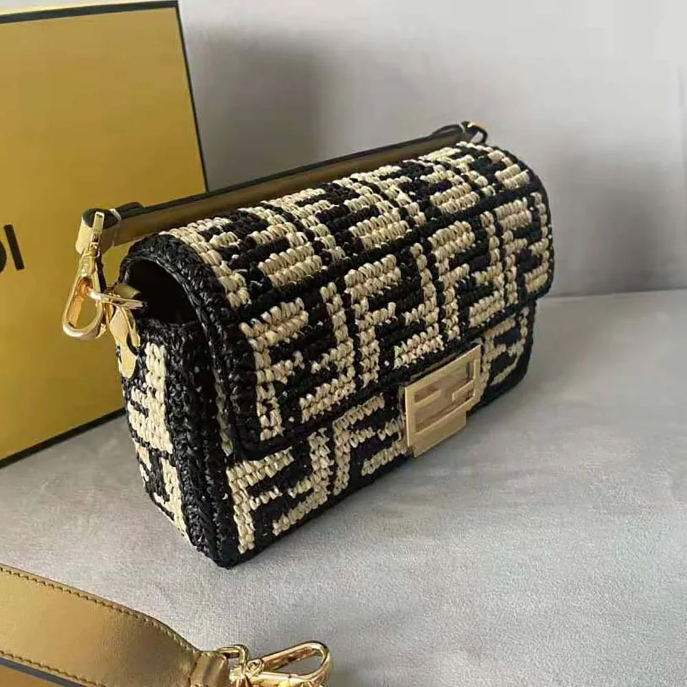 Fendi Baguette Black Raffia Back with Crocheted FF for Women Fendi Baguette Black Raffia Back with Crocheted FF for Women