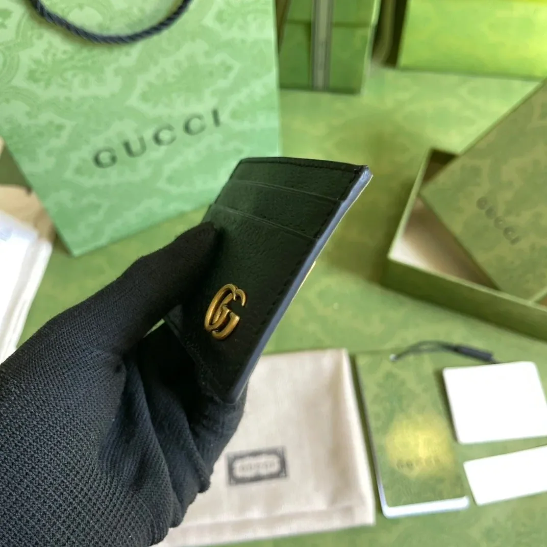 Gucci GG Marmont Card Case Rough Black Gold Toned Hardware /