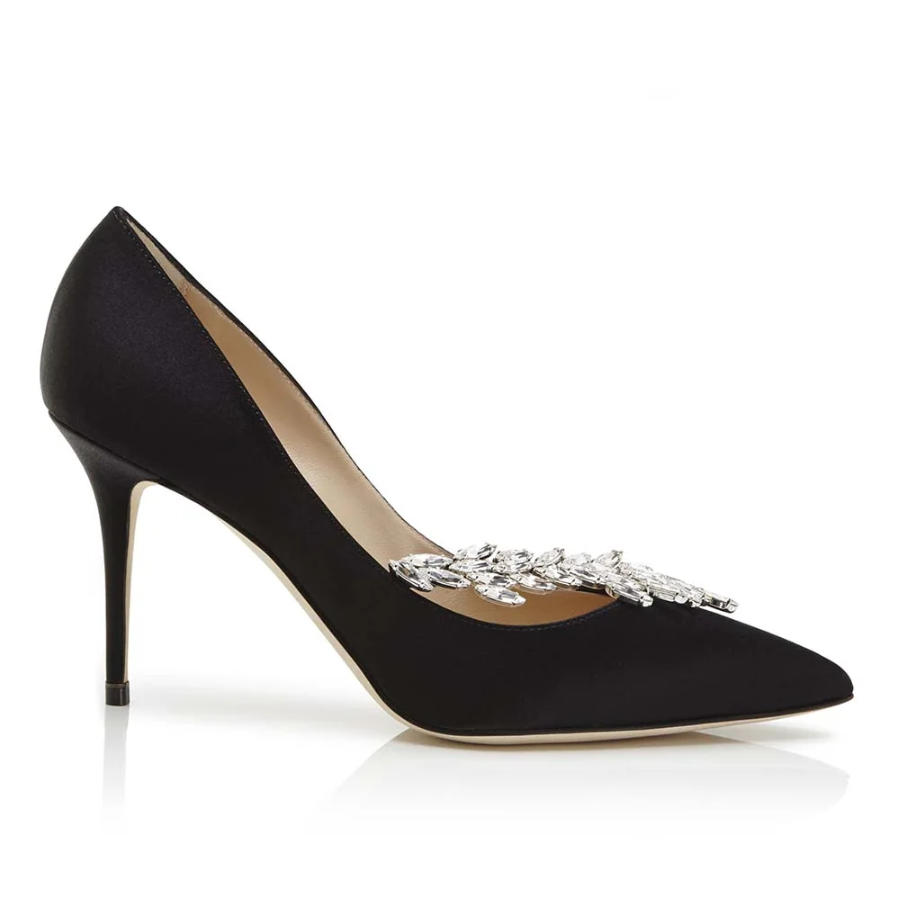 Manolo Blahnik Shoes Nadira Satin Jewel Buckle Pumps 90mm Heel for Women in Black