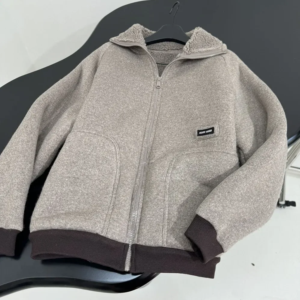 Miu Miu Cotton Fleece Zipper Blouson Jacket for Women Miu Miu Cotton Fleece Zipper Blouson Jacket for Women