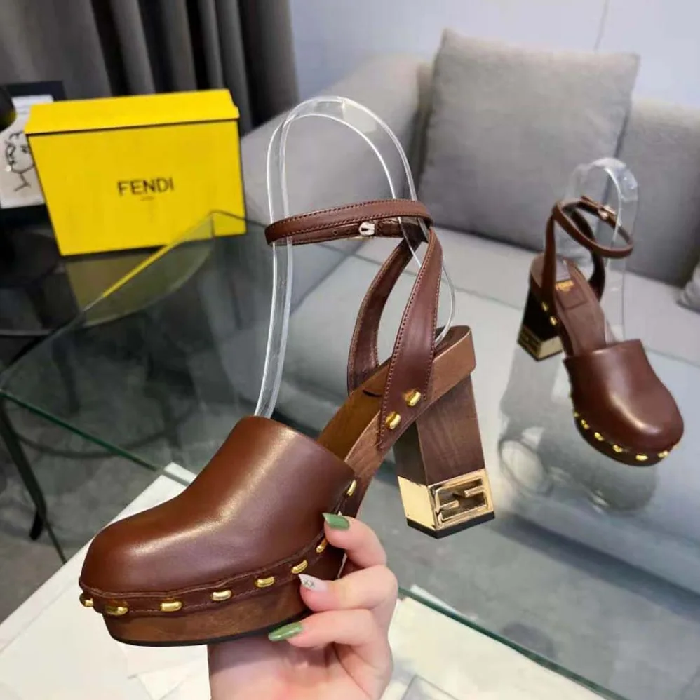 Fendi Baguette Show Brown Leather High for Women in Heeled Clogs Fendi Baguette Show Brown Leather High for Women in Heeled Clogs