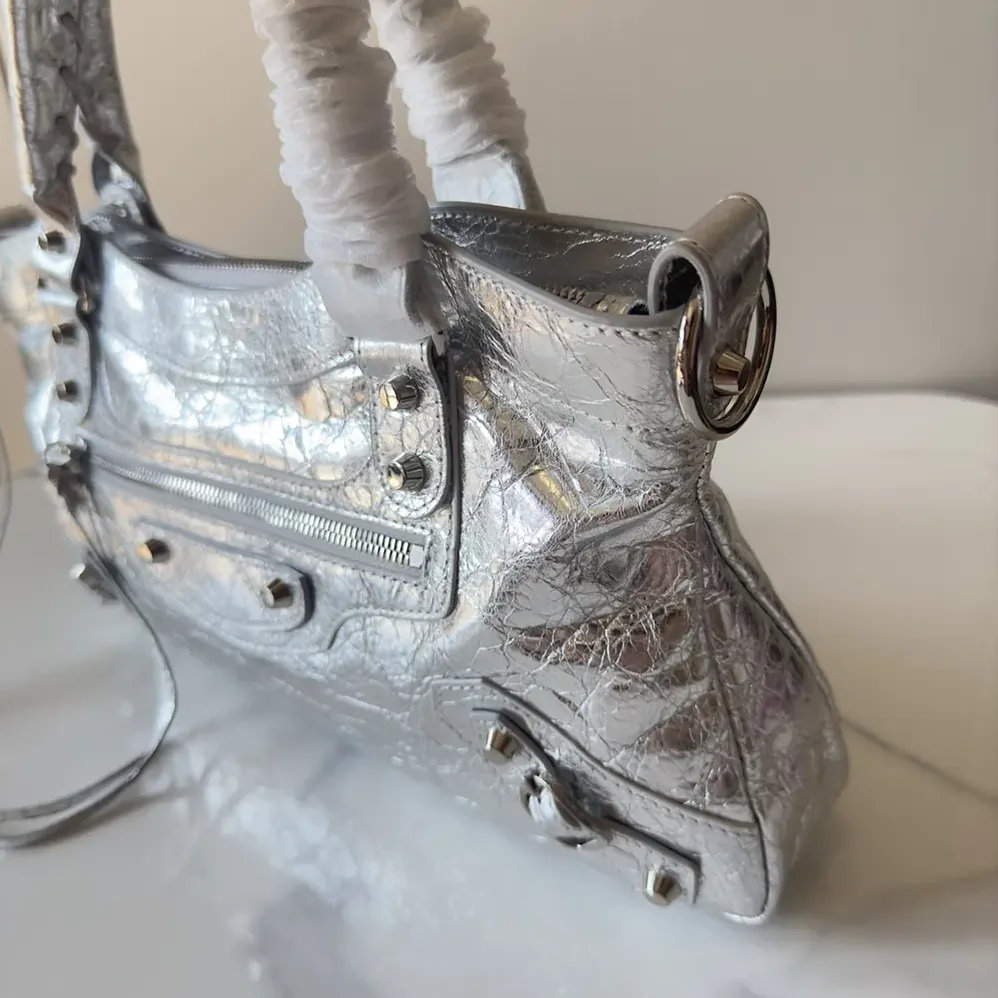 Balenciaga Le City First Bag In Silver Metallized Arena Lambskin for Women Balenciaga Le City First Bag In Silver Metallized Arena Lambskin for Women