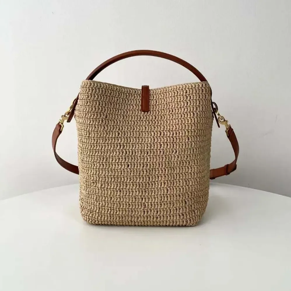 Saint Laurent YSL Le 37 Leather for Women in trimmed Raffia Bucket Bag Saint Laurent YSL Le 37 Leather for Women in trimmed Raffia Bucket Bag