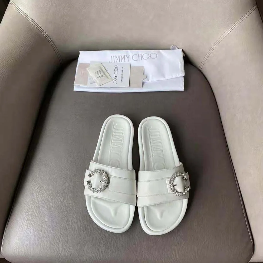 Jimmy Choo Fallon White Nappa Leather Slides with Crystal Buckle for Women Jimmy Choo Fallon White Nappa Leather Slides with Crystal Buckle for Women