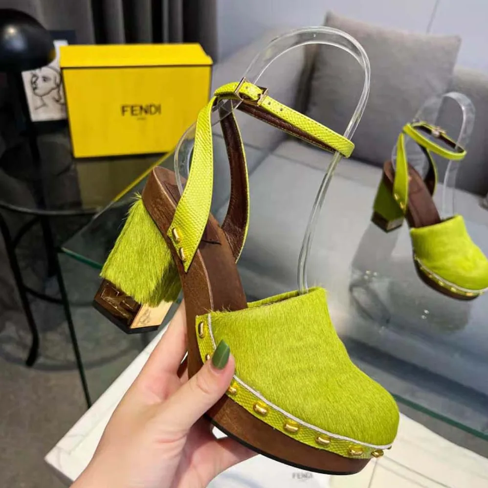 Fendi Baguette Show Green Pony Hair High for Women in Heeled Clogs Fendi Baguette Show Green Pony Hair High for Women in Heeled Clogs