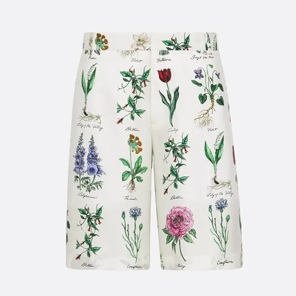 Dior Herbarium Illustration Bermuda Shorts in White Silk for Men