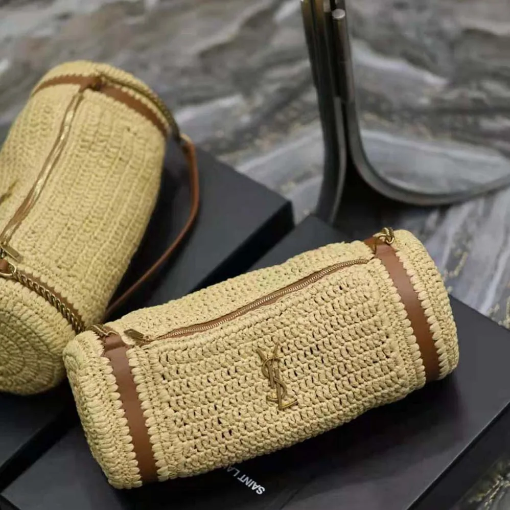 Saint Laurent YSL Cassandre Small Cylindric Bag in Raffia and Vegetable for Women in tanned Leather Saint Laurent YSL Cassandre Small Cylindric Bag in Raffia and Vegetable for Women in tanned Leather