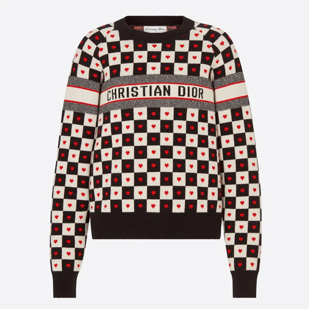 Dior Dioramour Sweater Black White and Red D-Chess Heart Double-Sided Technical Cashmere Knit and Wool for Women Dior Dioramour Sweater Black White and Red D-Chess Heart Double-Sided Technical Cashmere Knit and Wool for Women