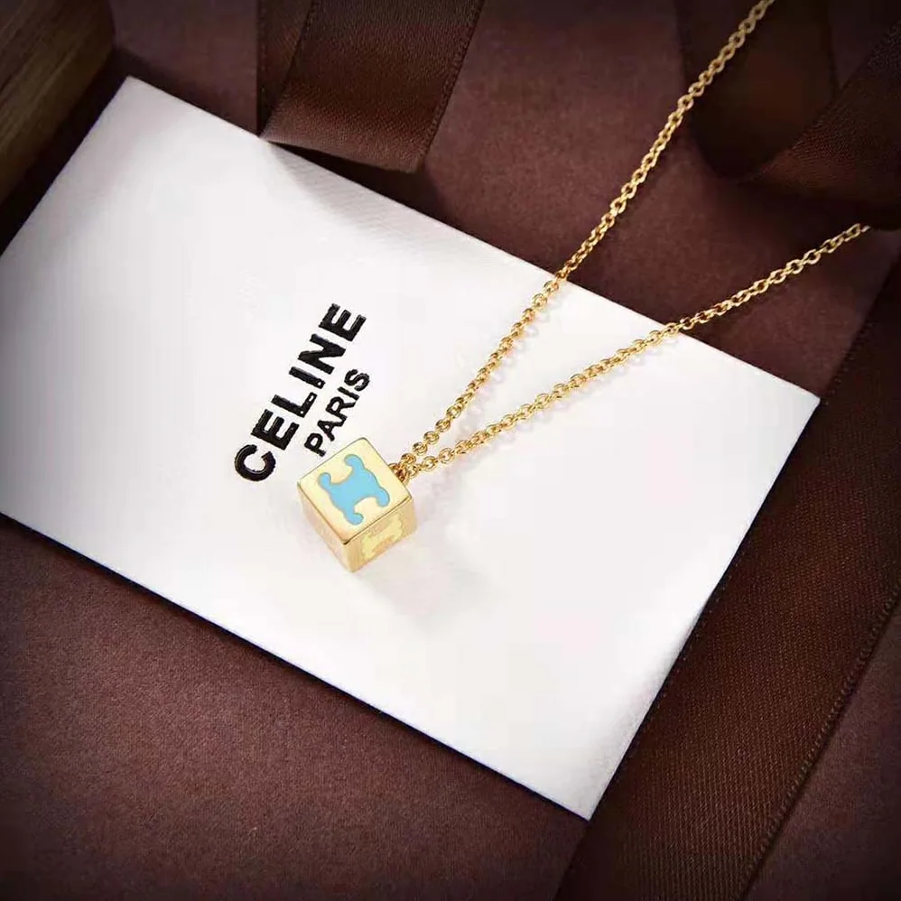 Celine Triomphe Cube Necklace in Brass with Gold Finish and Colored Enamel for Women Celine Triomphe Cube Necklace in Brass with Gold Finish and Colored Enamel for Women
