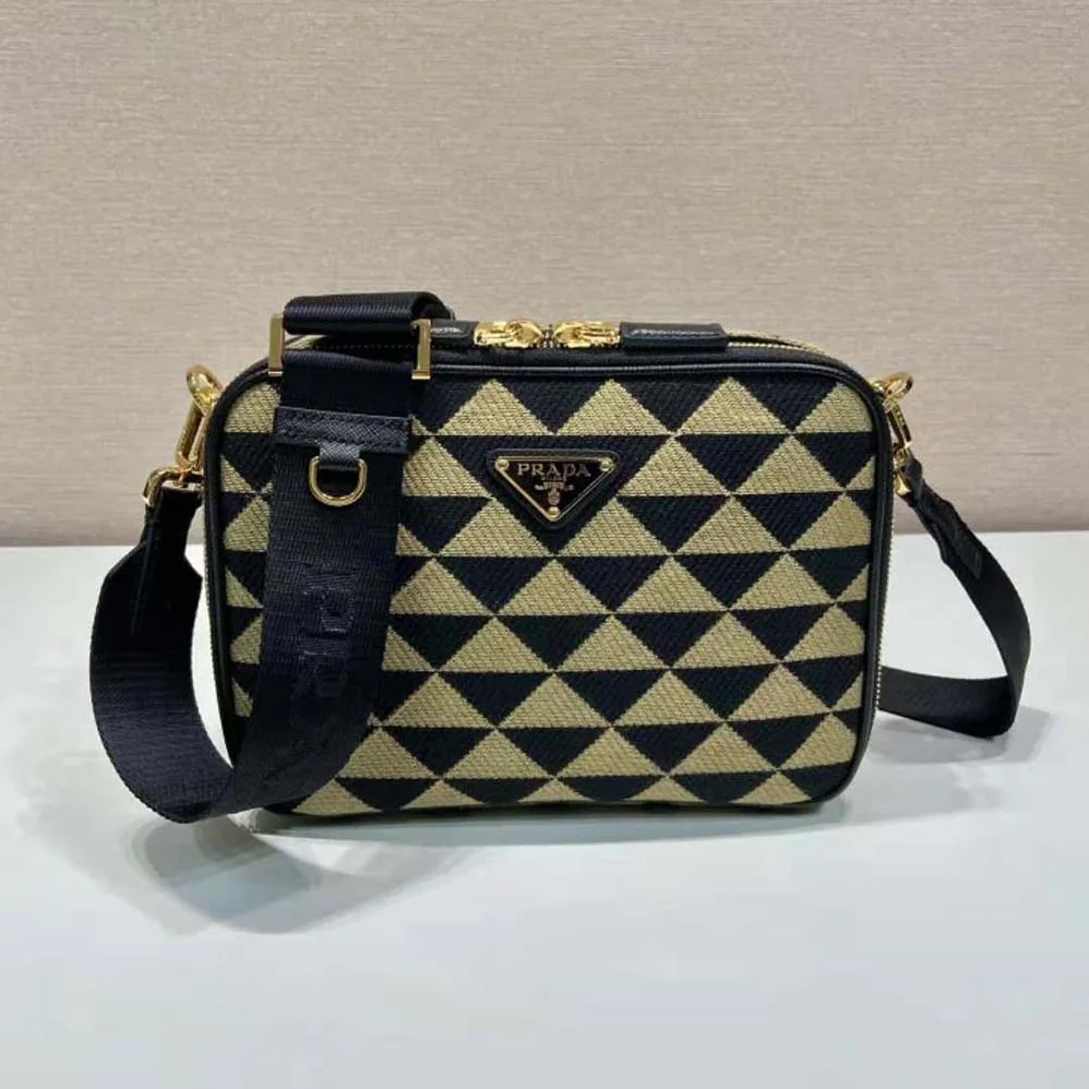 Prada Symbole Embroidered Fabric Bag for Men in Beige/Black