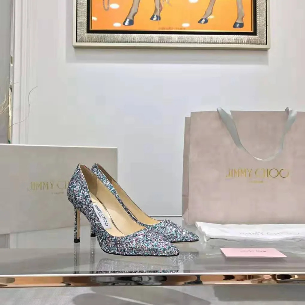 Jimmy Choo Romy 85 Gunmetal Star Coarse Glitter Fabric Pointy Toe Pumps for Women in Black