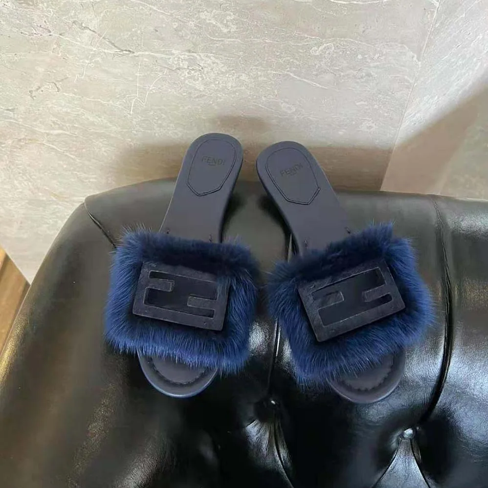 Fendi Baguette Blue Mink Slides for Women Fendi Baguette Blue Mink Slides for Women