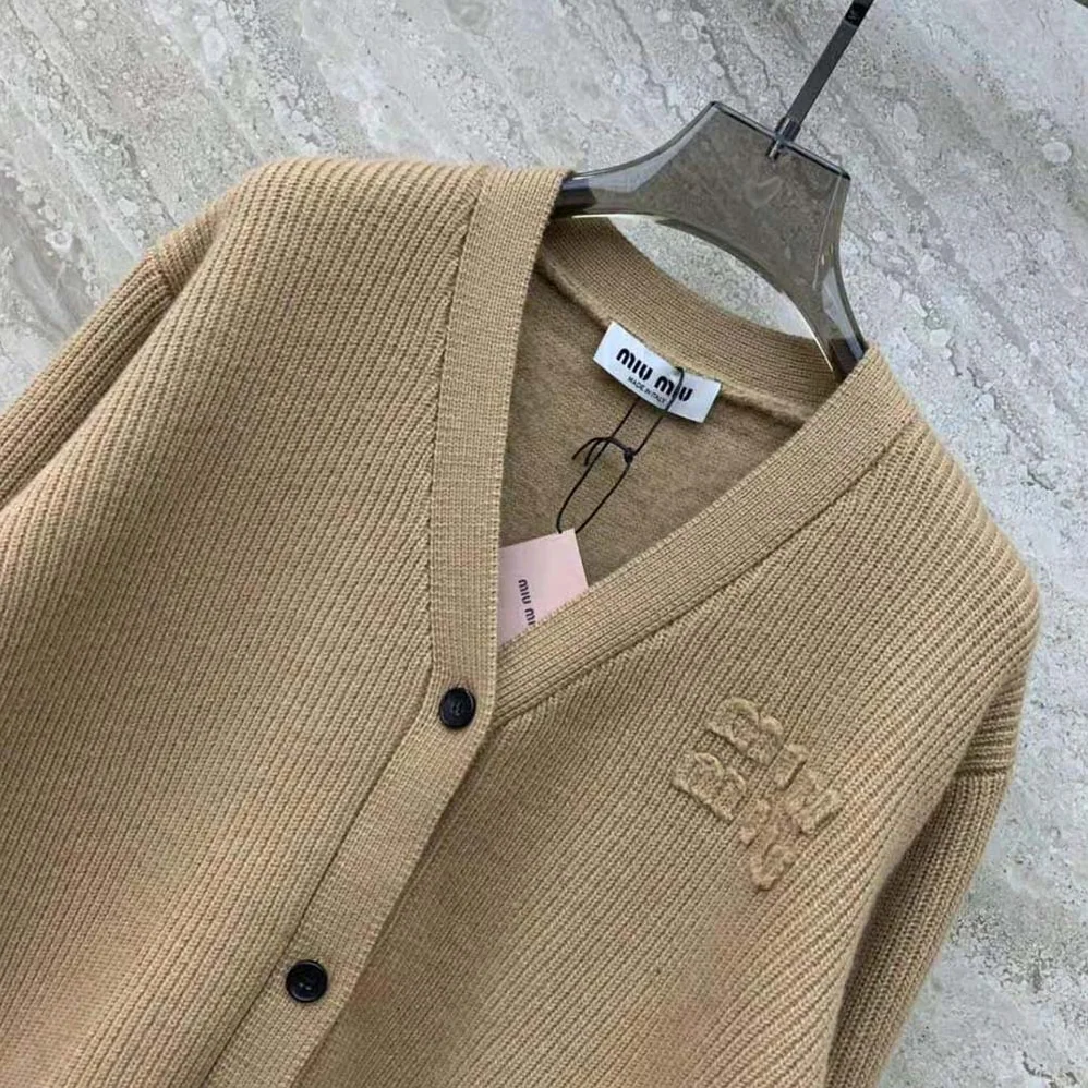 Miu Miu Wool and Nylon Knit Cardigan for Women in Beige Miu Miu Wool and Nylon Knit Cardigan for Women in Beige