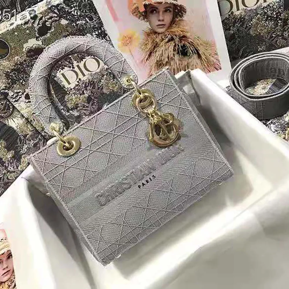 Dior Medium Lady D-Lite Bag Cannage Embroidery in Silver Dior Medium Lady D-Lite Bag Cannage Embroidery in Silver
