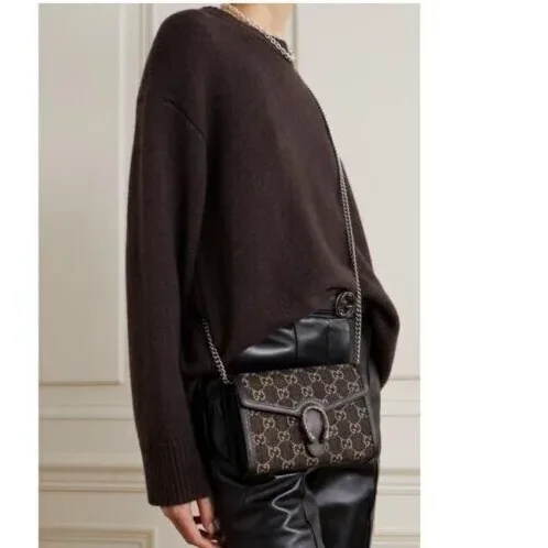 Gucci Dionysus Mini Chain Shoulder Bag / Black/ Ivory GG Denim Jacquard Palladium Hardware