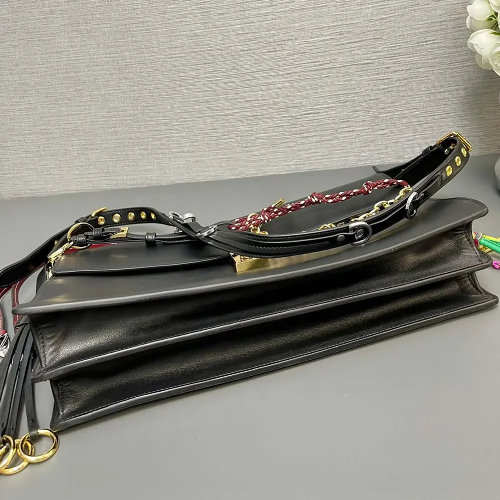 Prada Soft Sound Large Leather Shoulder Bag with Charms for Women in Black