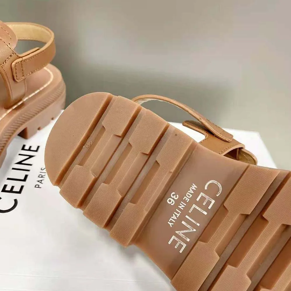 Celine Clea Triomphe Sandal in Vegetal Calfskin for Women in Brown Celine Clea Triomphe Sandal in Vegetal Calfskin for Women in Brown