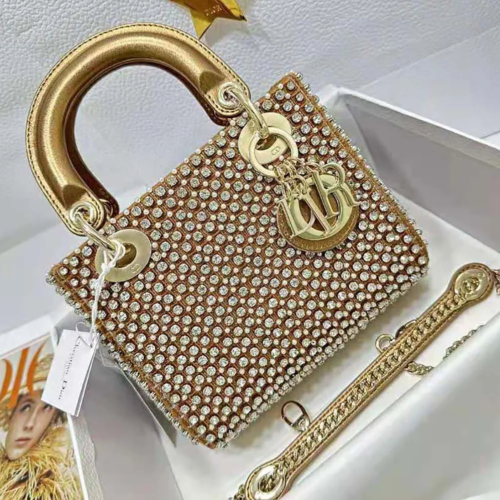 Dior Mini Lady Dior Bag Square-Pattern Embroidery Set with Strass and White Round Beads for Women Dior Mini Lady Dior Bag Square-Pattern Embroidery Set with Strass and White Round Beads for Women