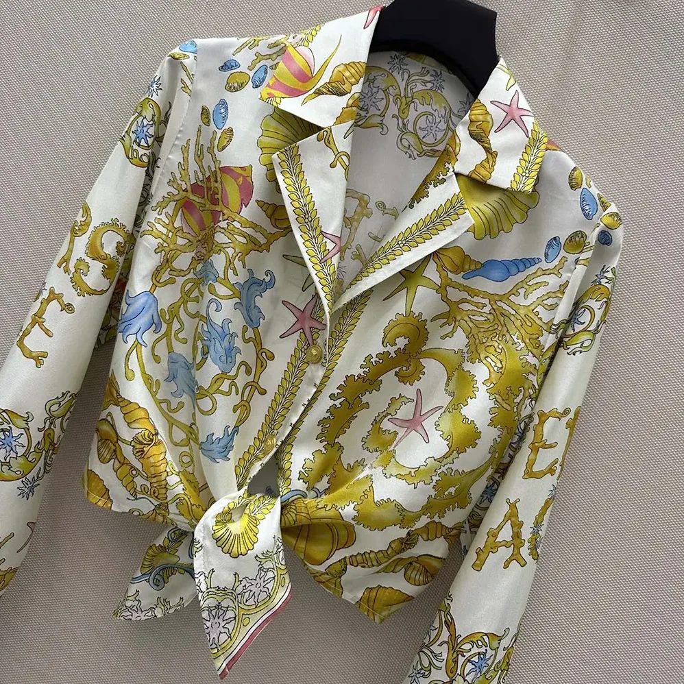 Versace Underwater Barocco Knotted Crop Silk Shirt for Women in Yellow Versace Underwater Barocco Knotted Crop Silk Shirt for Women in Yellow