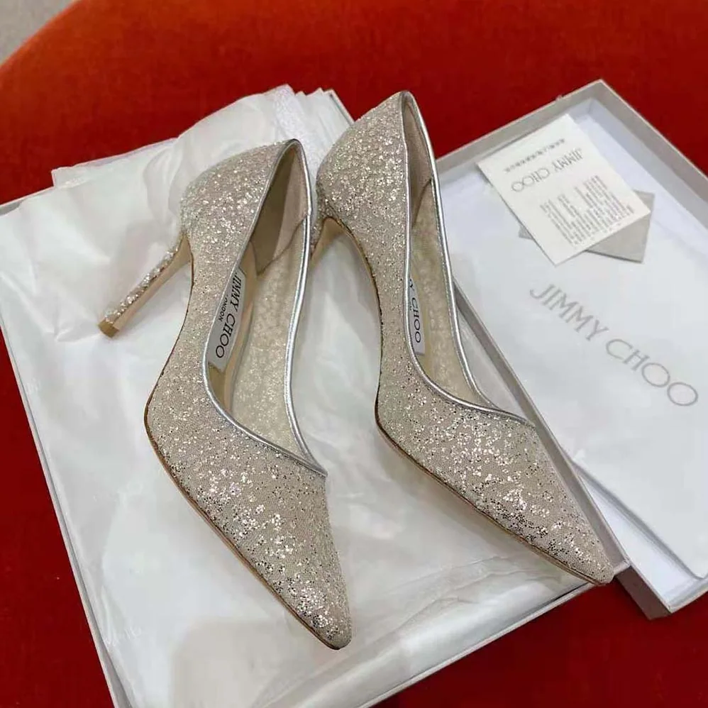 Jimmy Choo Romy 85 Silver Glitter Tulle and Metallic Nappa Pointy for Women in Toe Pumps