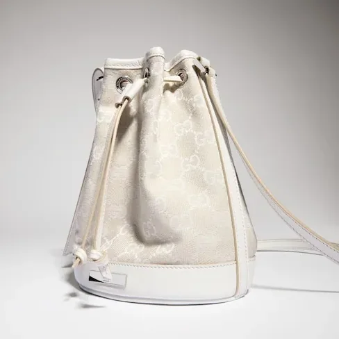 Gucci Bucket With Plaque Mini Shoulder Bag in Ivory Denim Palladium Hardware Gucci Bucket With Plaque Mini Shoulder Bag in Ivory Denim Palladium Hardware